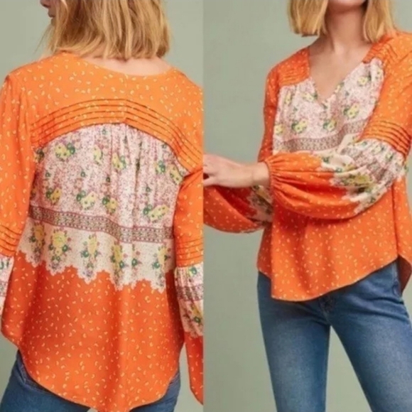 Anthropologie Maeve Ceresco Orange Floral Pleated Peasant Top 🌼 Small  ‎ 💖 - Picture 3 of 11